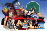 DBZ, EVA, Blade of the Immortal, Ranma, Dirty Pair, You're Under Arrest, and Bastard characters at the beach